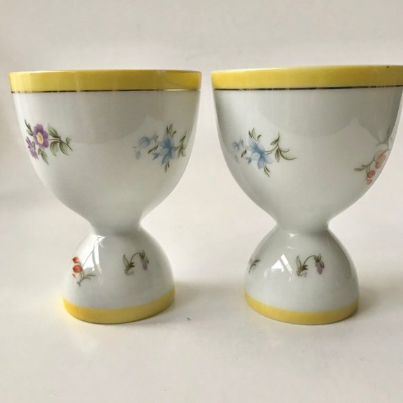 Vintage Porcelain Floral Gold Gilded Egg Cups Yellow White Flowers Pink Blue - Picture 2 of 15